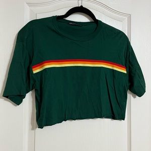 Green Crop Top with Red, Orange, Yellow Stripe